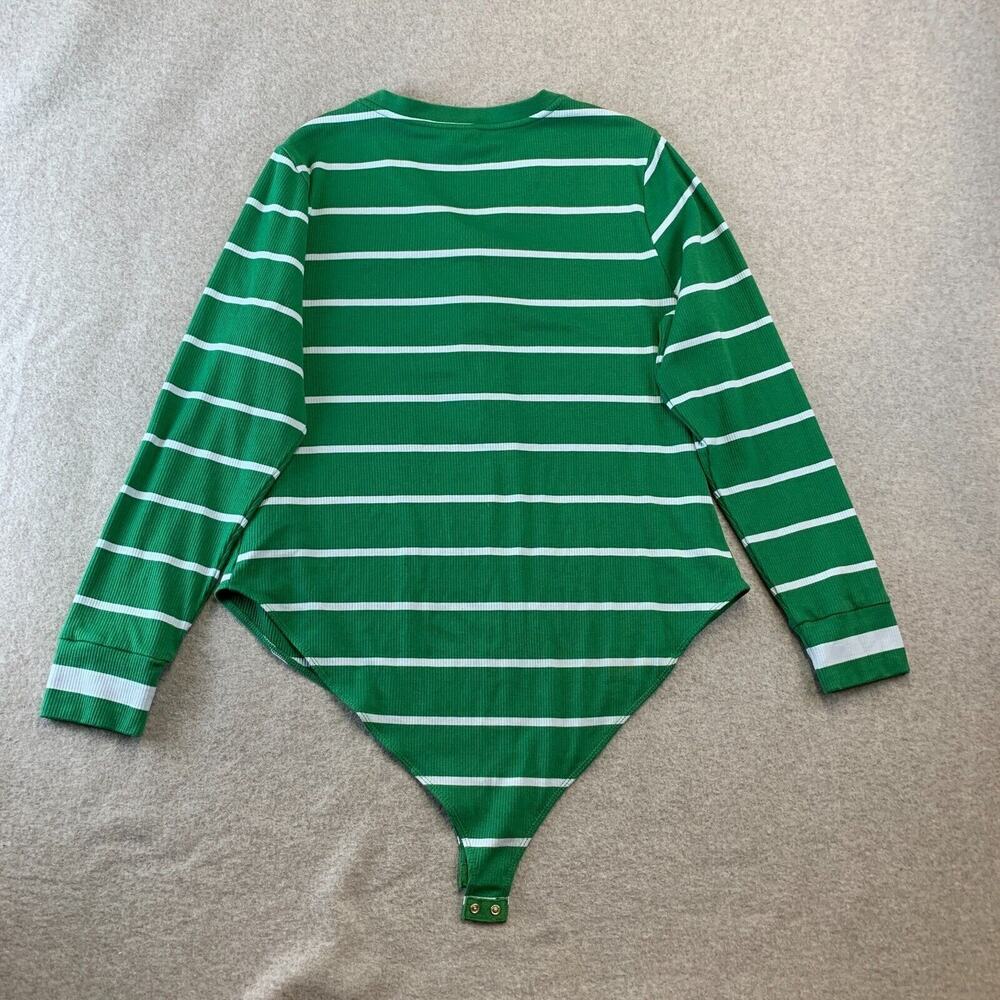 LA Ligne x Target Green White Stripe Ribbed Henley Bodysuit Womens 2X Preppy - Picture 3 of 11